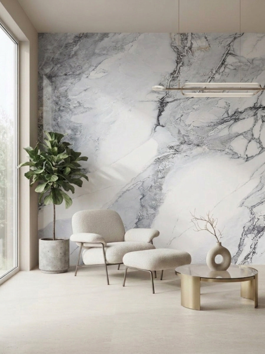 Frosted Sky marble-look PVC panels installed as a white and gray accent wall in a modern sitting area