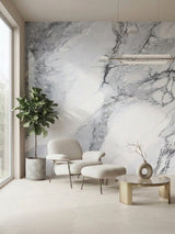 Frosted Sky marble-look PVC panels installed as a white and gray accent wall in a modern sitting area