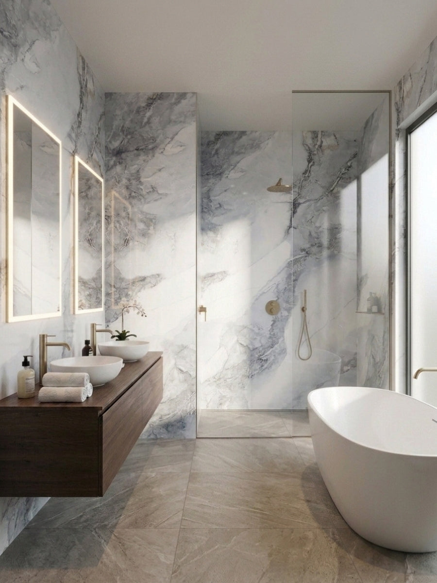 Bright bathroom lined with Frosted Sky marble-look PVC wall panels around the vanity, shower, and tub