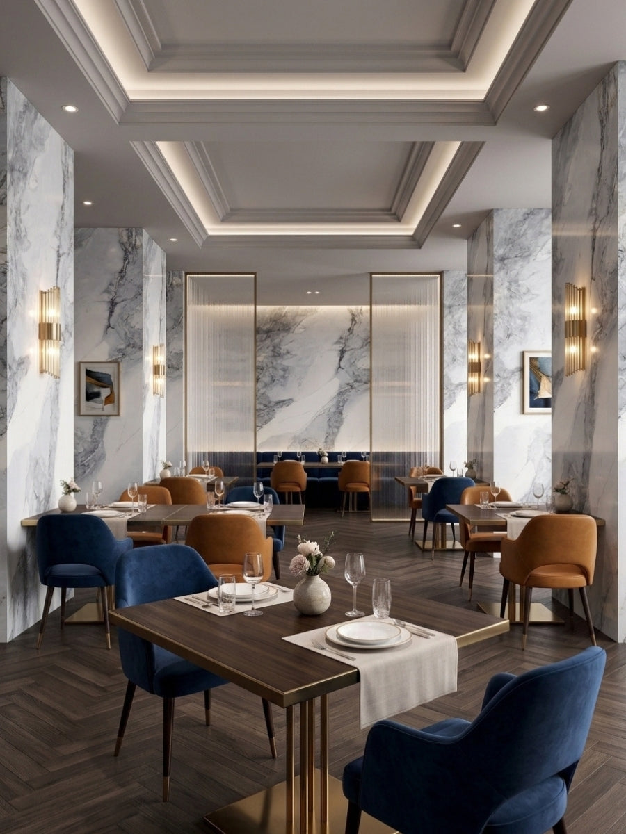 Elegant restaurant interior with columns and feature walls clad in white and gray Frosted Sky marble-look panels