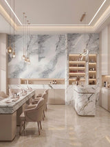 Contemporary dining space with a large Frosted Sky marble-look panel accent wall and coordinated marble-style counters