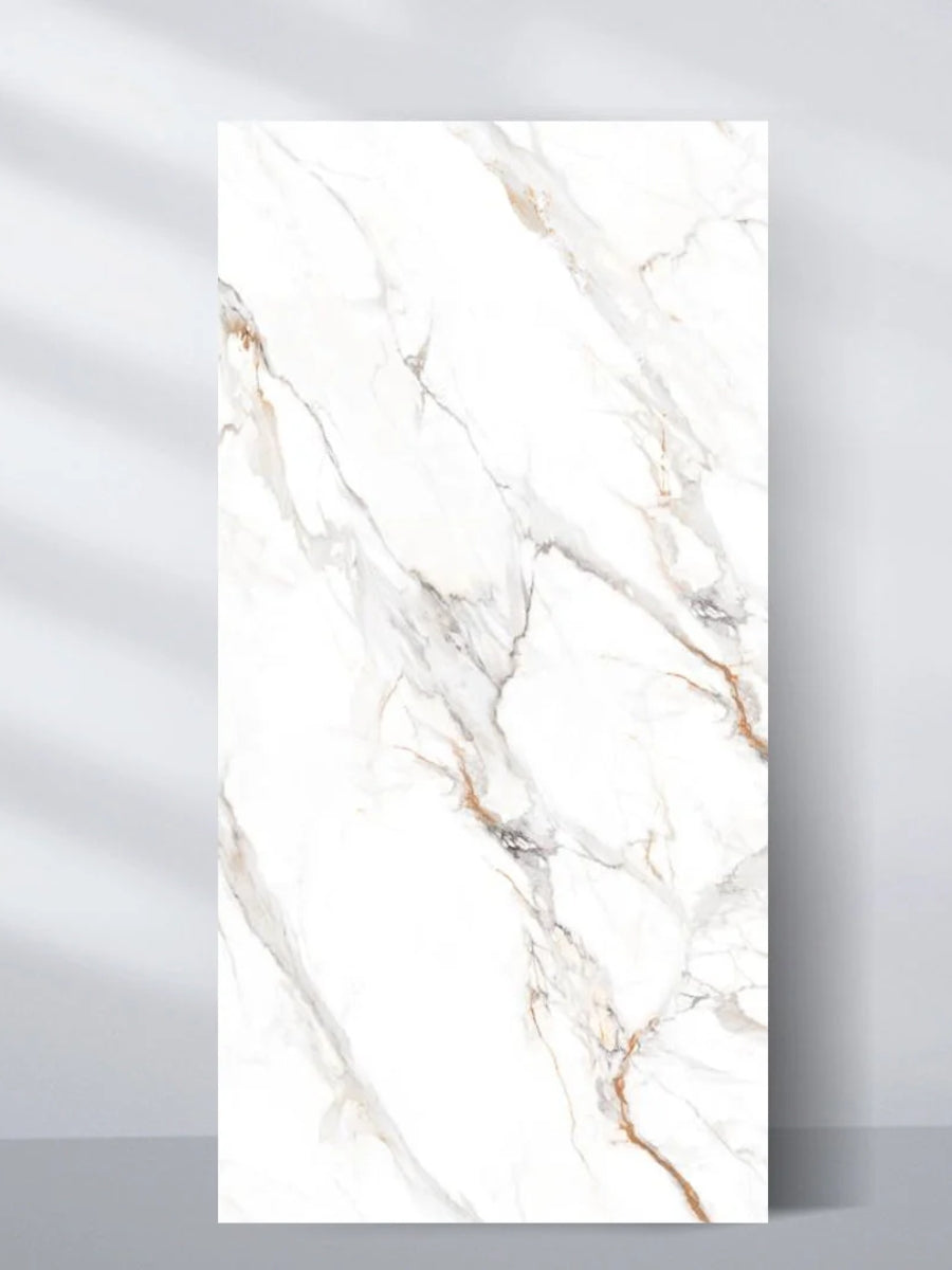 3D White Wave Azure PVC marble sheet with a white base and flowing gray and warm gold veining, 4 x 8 ft