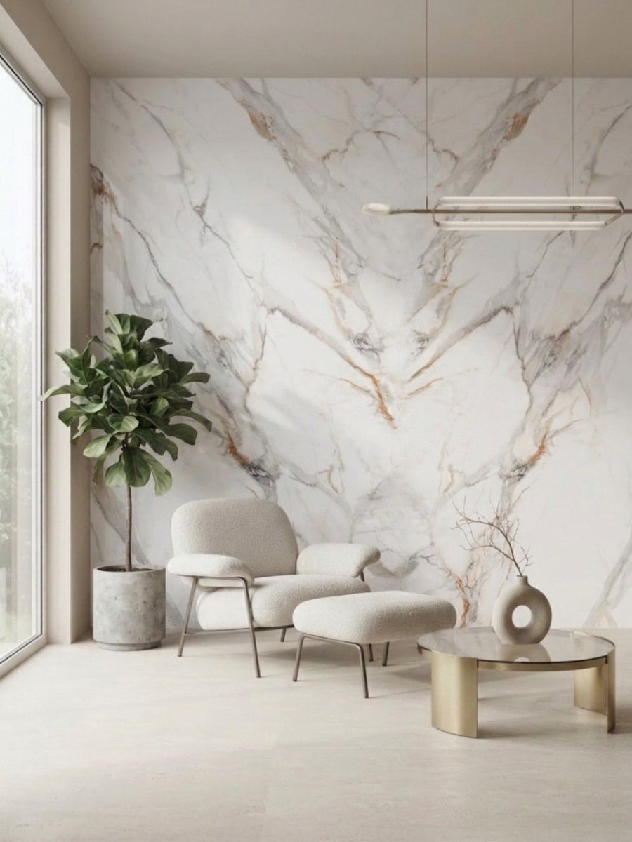 White Wave Azure PVC marble sheets installed as a veined feature wall in a modern sitting area