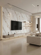 Modern living room media wall clad in White Wave Azure PVC marble sheets with gray and gold veining