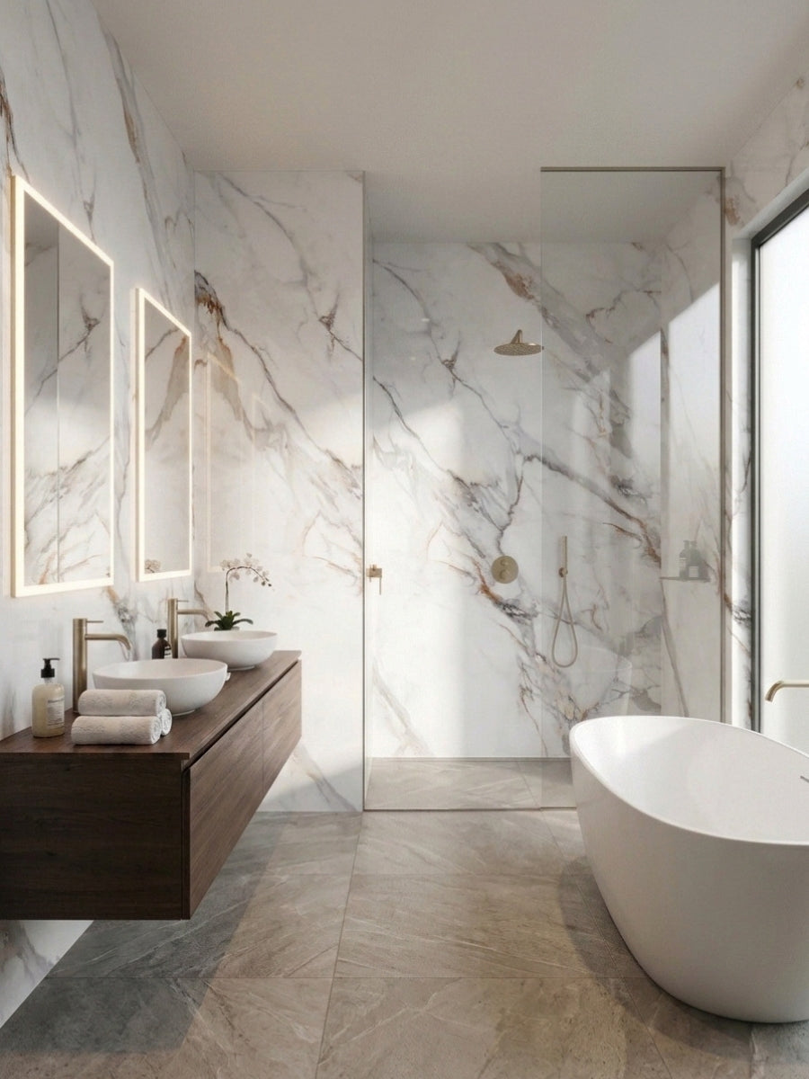 White Wave Azure PVC marble sheets lining the walls and glass shower of a modern bathroom