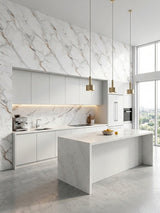 Bright modern kitchen with White Wave Azure PVC marble sheets covering the walls, backsplash, and island