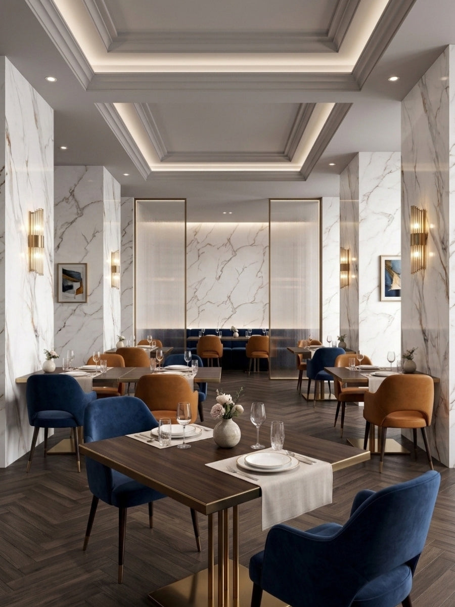 Elegant restaurant interior with White Wave Azure PVC marble sheets on the walls and columns