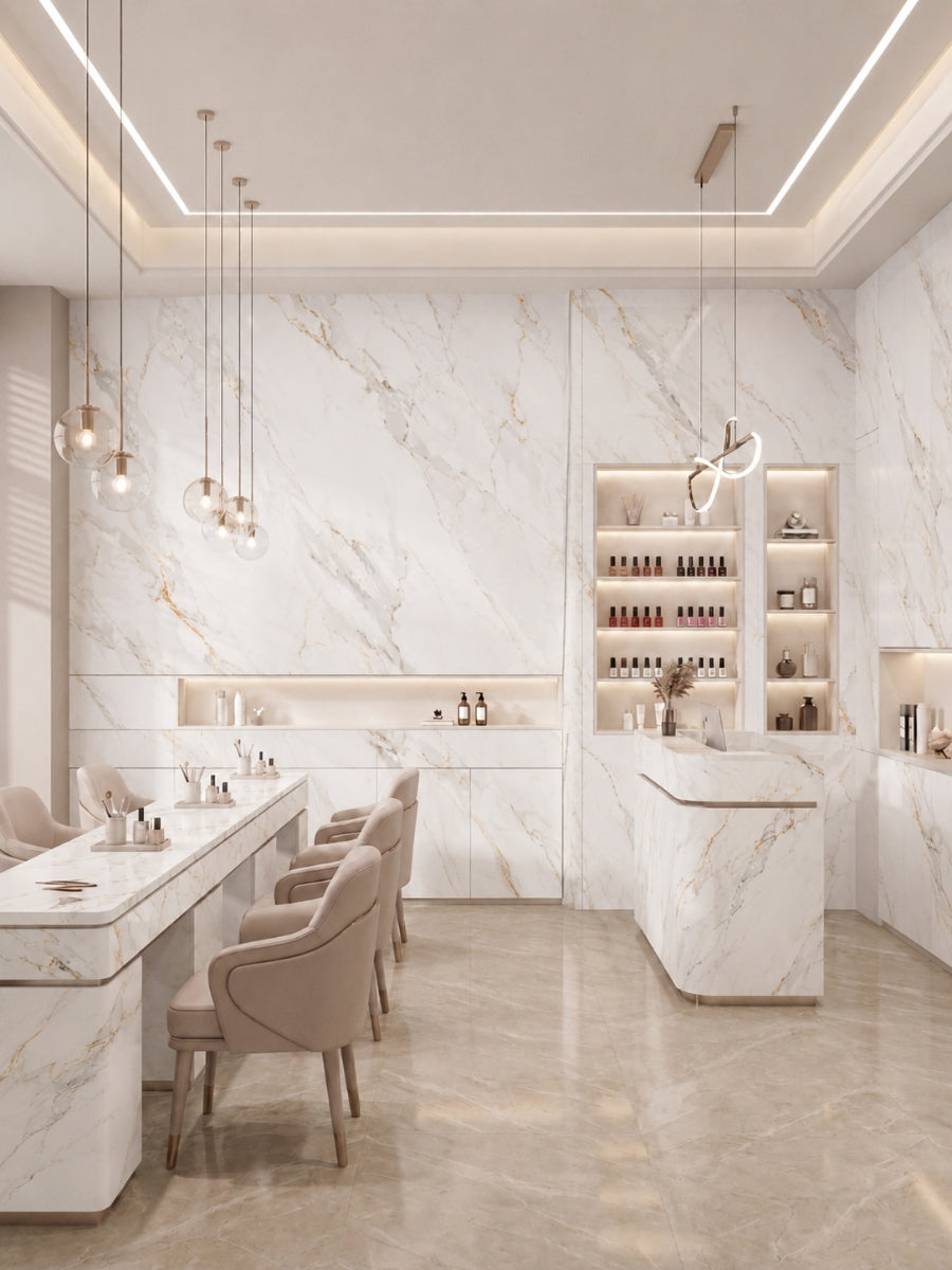 Modern salon with White Wave Azure PVC marble sheet walls and counters featuring subtle gray and gold veining