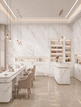 Modern salon with White Wave Azure PVC marble sheet walls and counters featuring subtle gray and gold veining