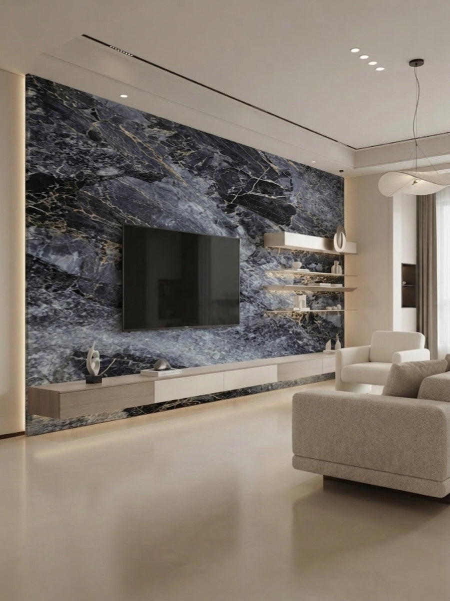 Modern living room media wall clad in Zena black marble PVC panels with dramatic gray and white veining