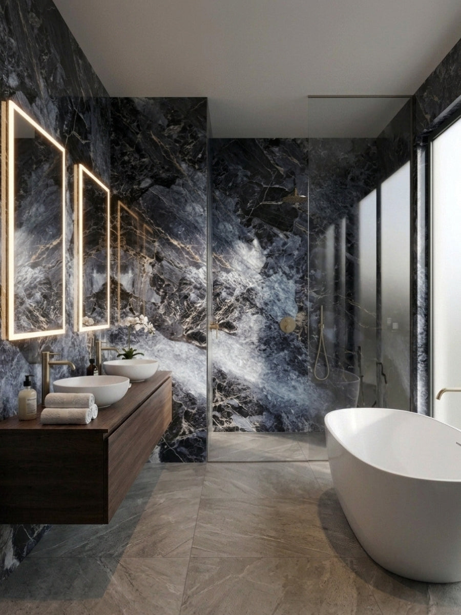 Zena black marble PVC wall panels surrounding a modern bathroom vanity, shower, and freestanding tub