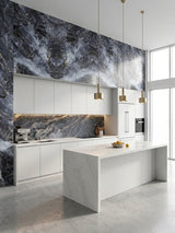 Modern white kitchen with Zena black marble PVC panels on the backsplash and upper accent wall
