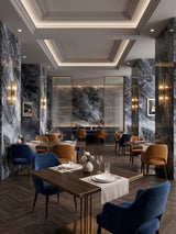 Restaurant dining room with columns and feature walls clad in Zena black marble PVC panels