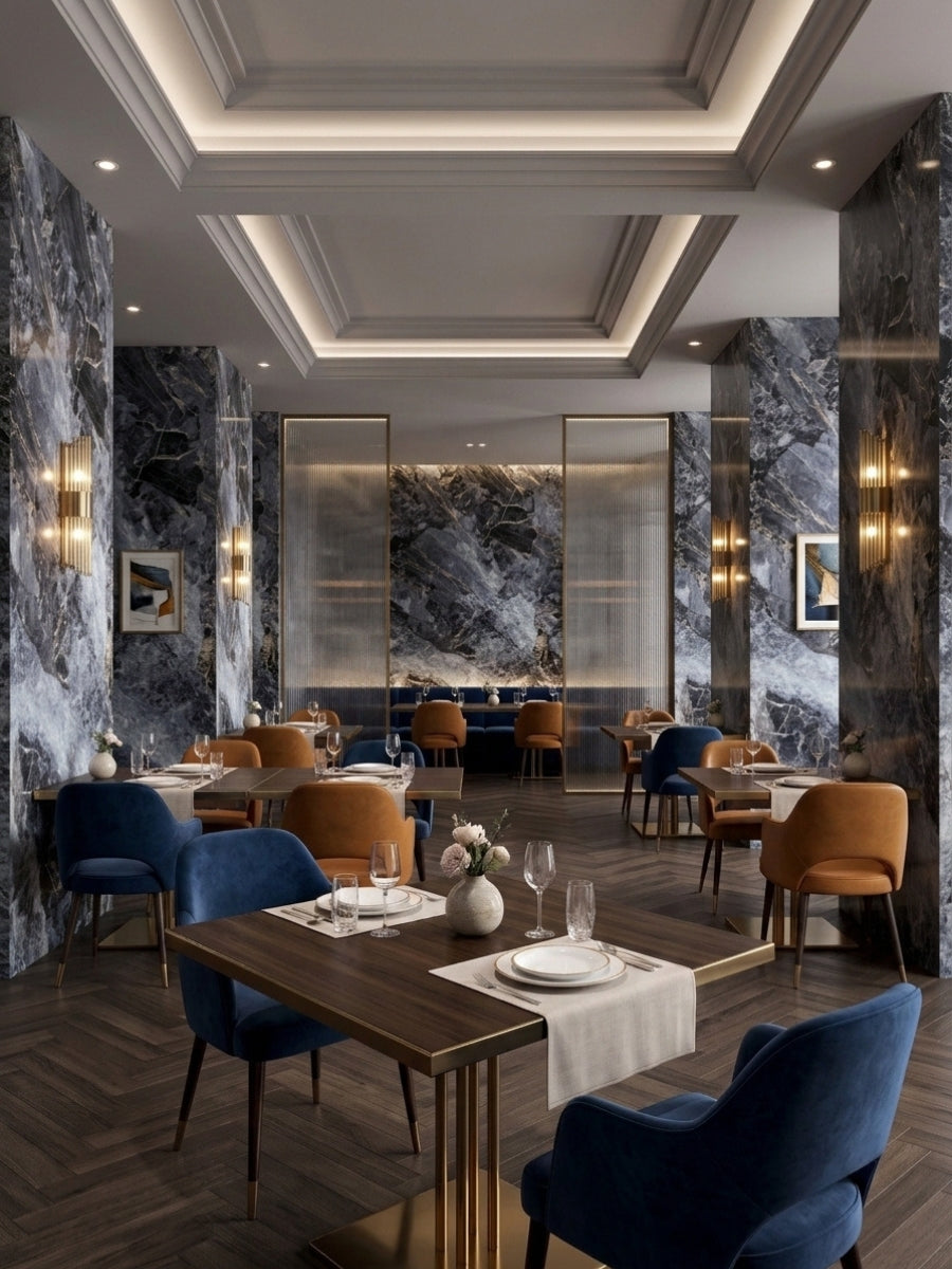 Restaurant dining room with columns and feature walls clad in Zena black marble PVC panels