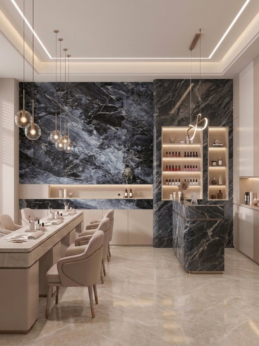 Contemporary dining and bar area featuring Zena black marble PVC wall panels with bold gray veining