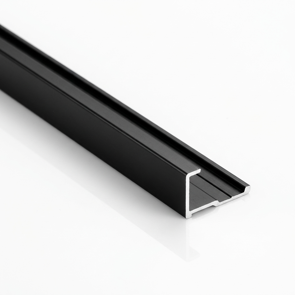 Close-up of black aluminum alloy end cap trim with raised edge and grooved profile