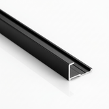 Close-up of black aluminum alloy end cap trim with raised edge and grooved profile