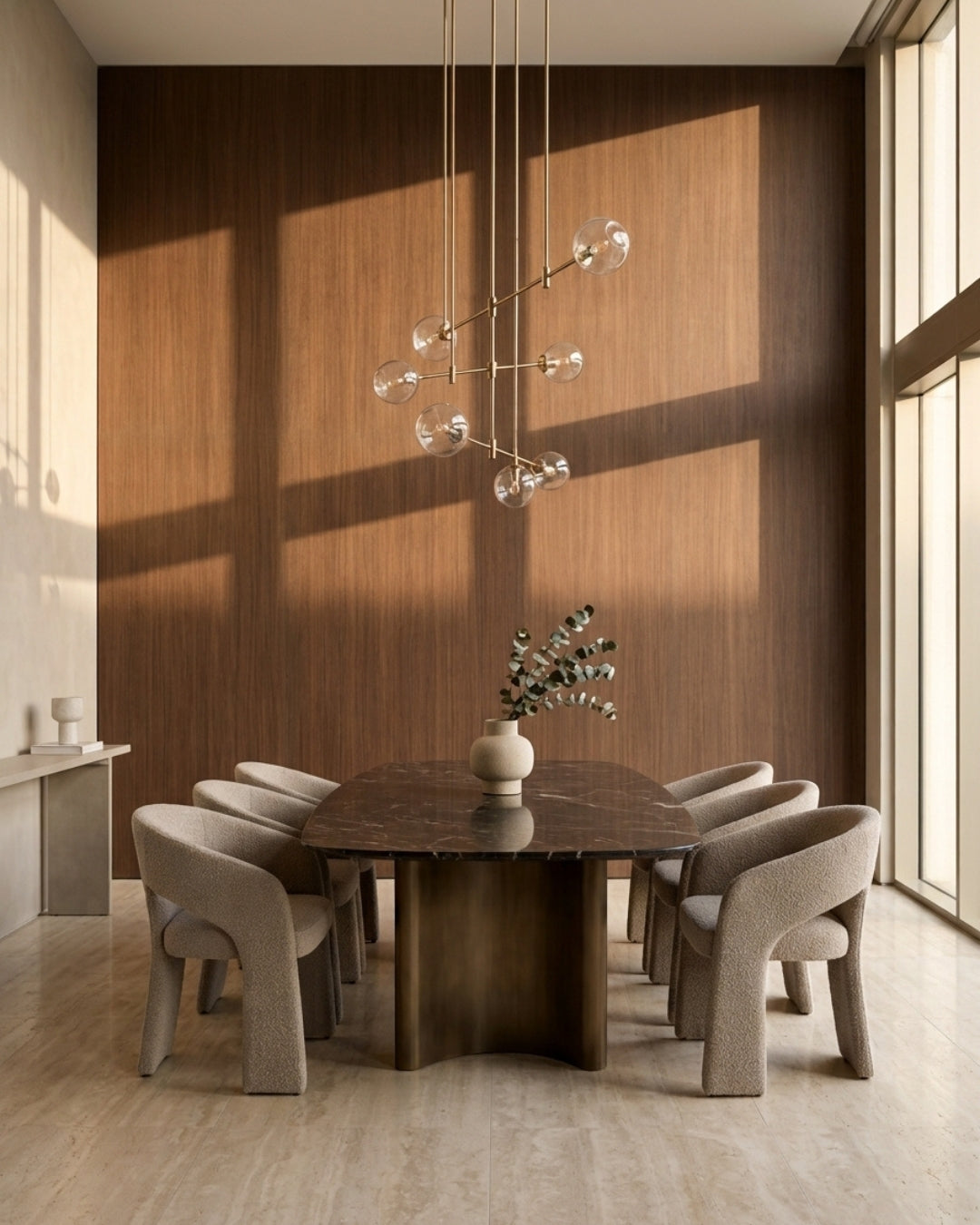 Walnut wood veneer panels covering a sunlit dining room wall behind an oval table