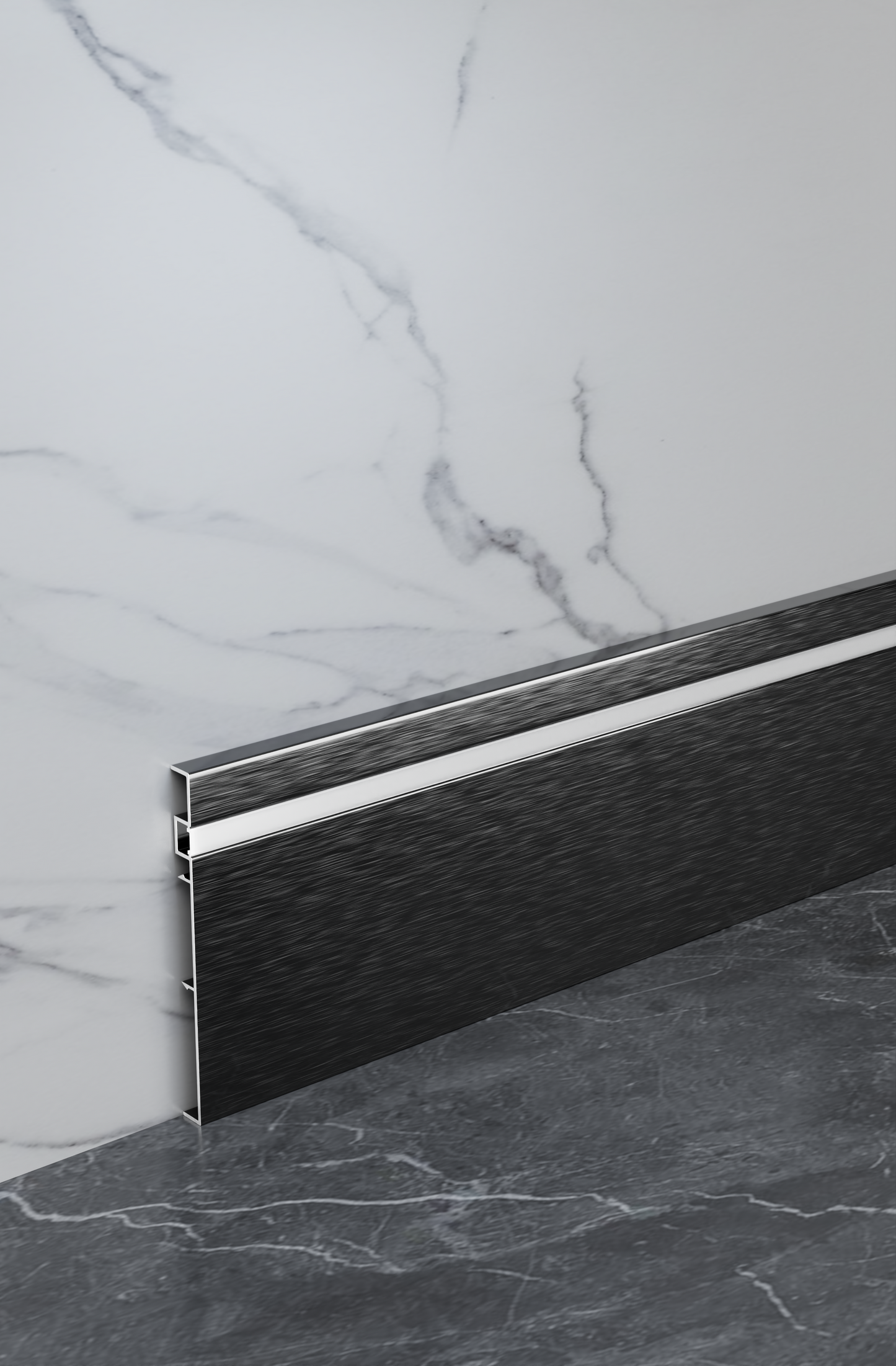 Aluminum LED skirting baseboard channel system, 3.3 ft long, 4-inch height, surface-mounted along wall with LED strip.