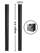 Black 4-inch 8-foot in-ground gate post shown full length with 3.937-inch width and profile cross-section
