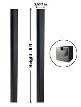 Black 4-inch 9-foot in-ground gate post with 3.937-inch width and cross-section detail