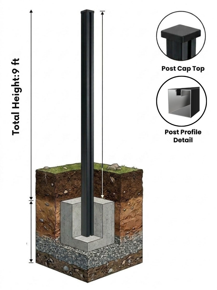 Black 9-foot gate post set in a concrete footing with post cap and profile detail callouts