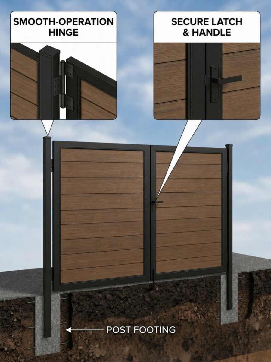 Brown composite double gate on black in-ground posts with hinge, latch, handle, and concrete footing details