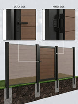 Black in-ground posts supporting a brown composite gate and fence with latch and hinge close-ups
