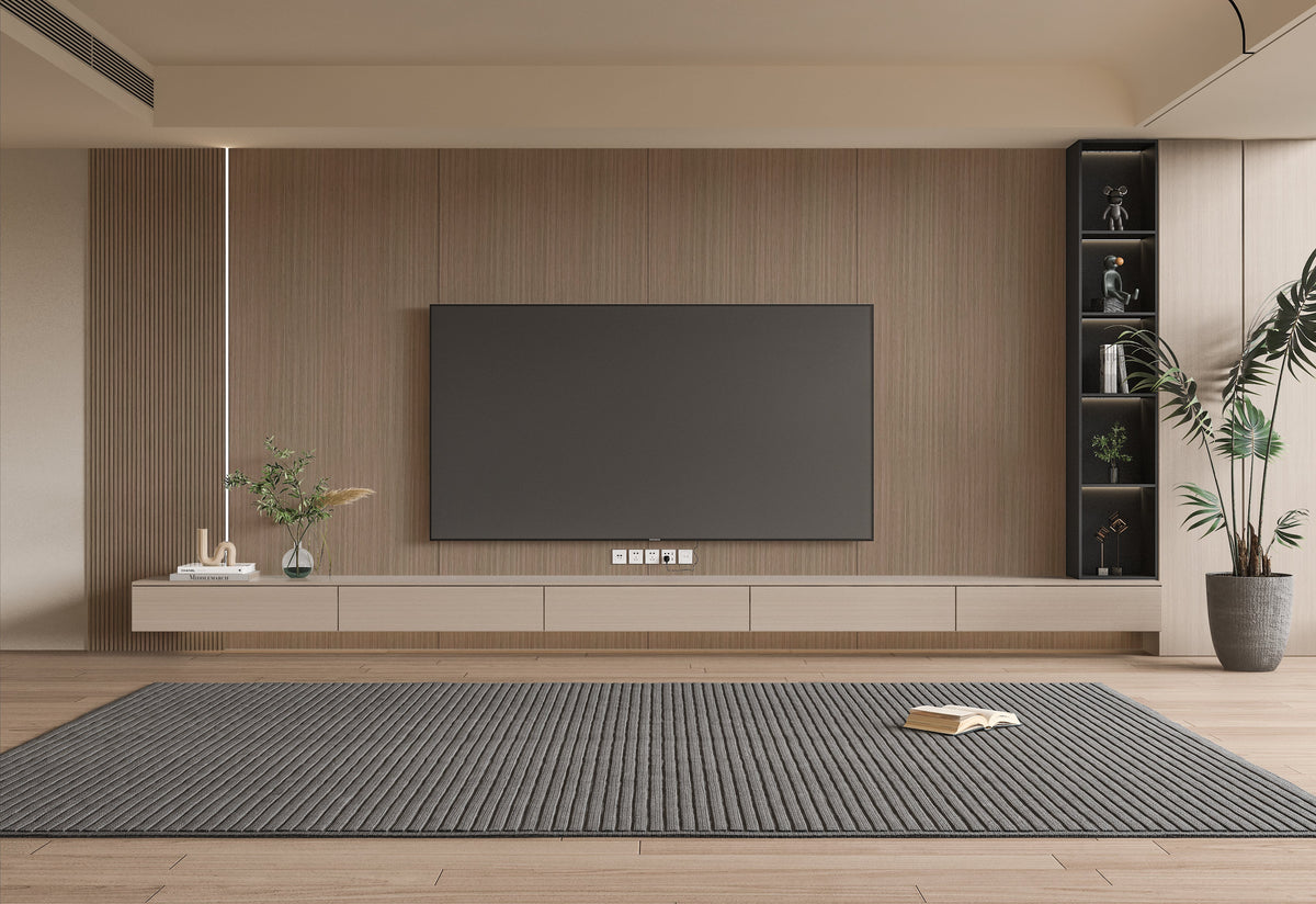 Royal Oak wood veneer TV wall with floating console and recessed display shelves