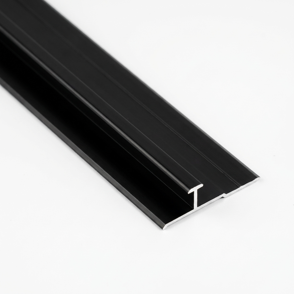 Close-up of black aluminum alloy seamless connection H trim with raised center profile