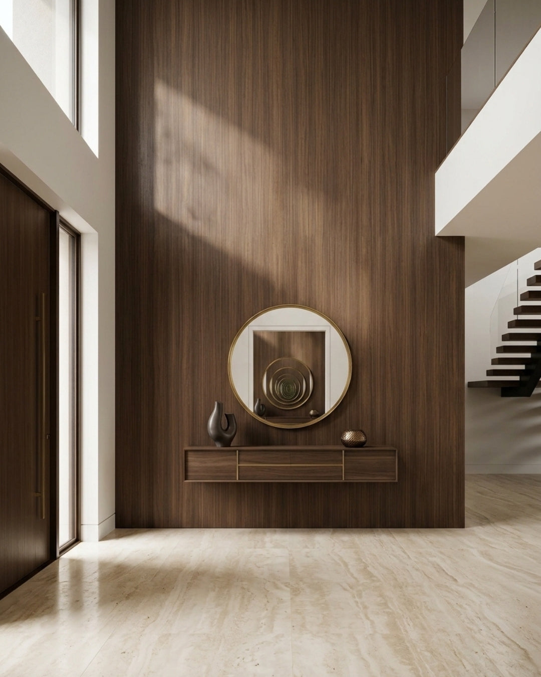 Walnut wood veneer panel installed as a tall entryway accent wall behind a round mirror and console