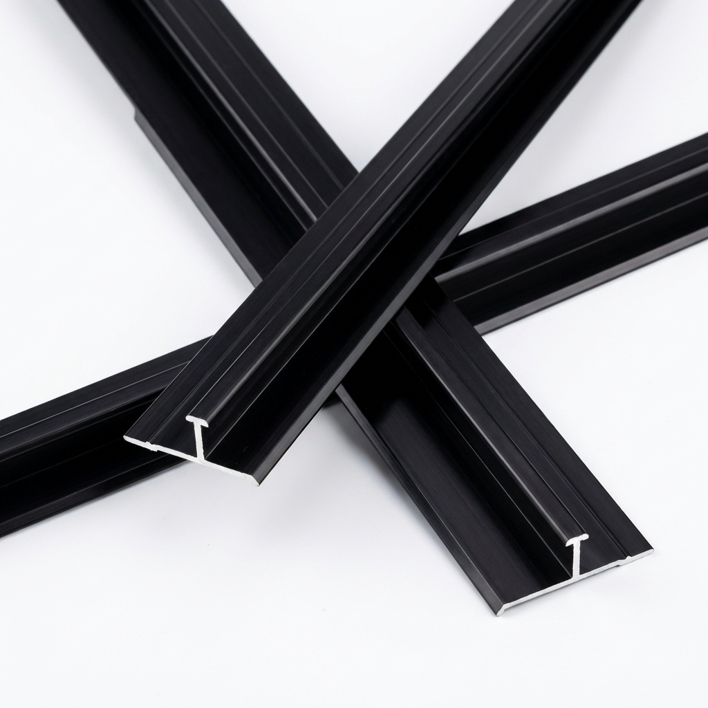 Overlapping lengths of black aluminum alloy H trim with exposed cross sections
