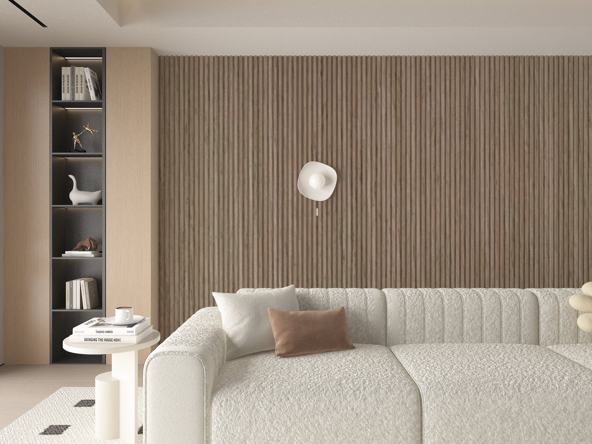 Fluted Royal Oak wall paneling behind a curved sofa in a neutral living room