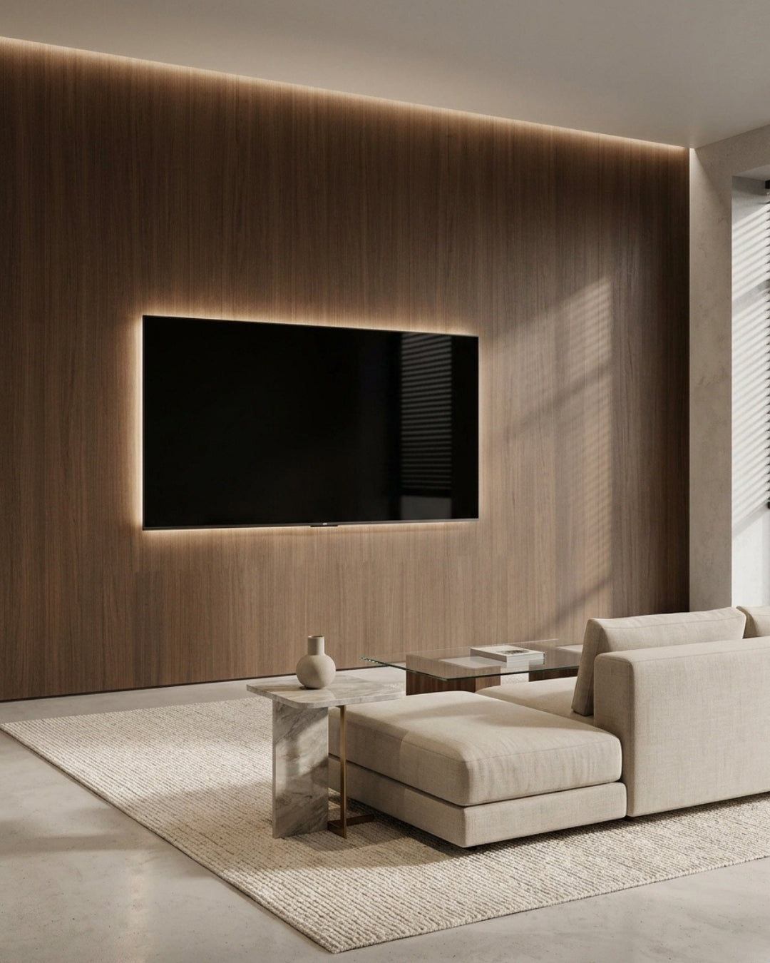 Walnut wood veneer media wall with a backlit mounted TV in a modern living room