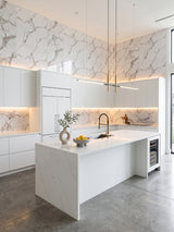 Luxury marble look PVC wall panels installed in contemporary kitchen
