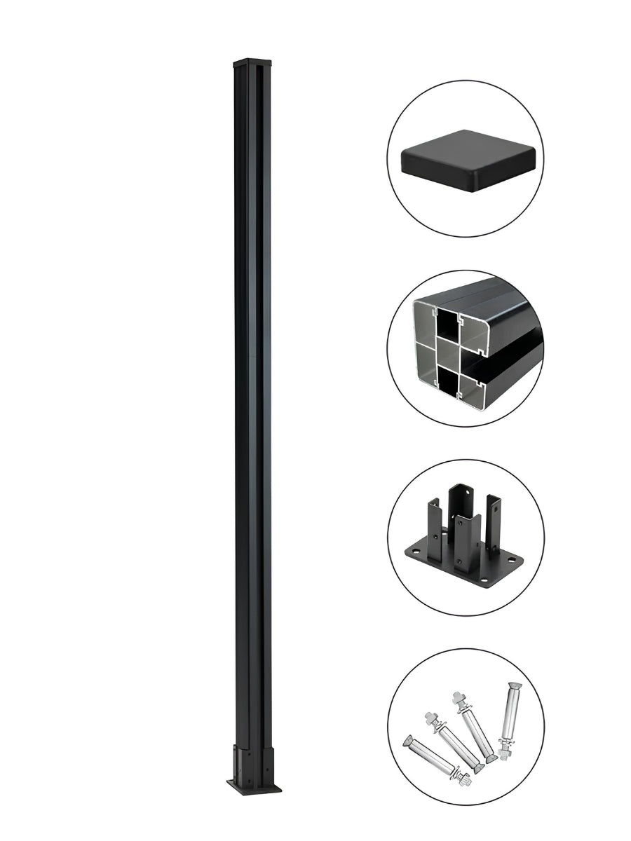 Full-length black 6 ft above-ground fence post with cap, mounting base, profile detail, and hardware
