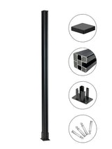 Full-length black 6 ft above-ground fence post with cap, mounting base, profile detail, and hardware