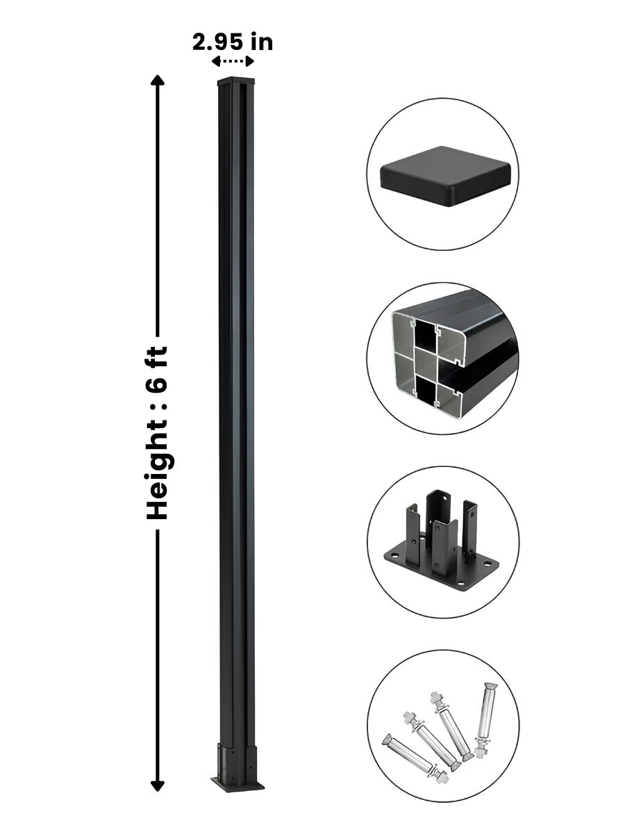 Black 6 ft above-ground fence post with 2.95-inch profile, square cap, surface-mount base, and anchor hardware