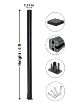 Black 6 ft above-ground fence post with 2.95-inch profile, square cap, surface-mount base, and anchor hardware