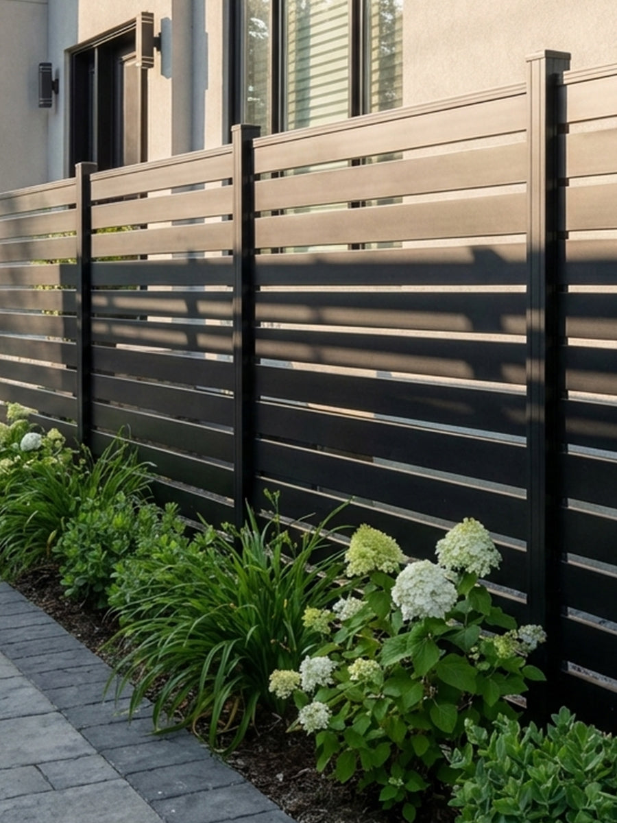 Black aluminum semi privacy fence panels 6x6 ft low maintenance outdoor fencing