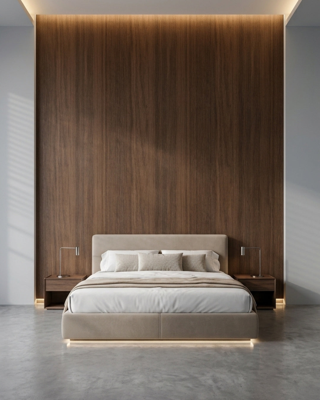 Walnut wood veneer panel accent wall with soft overhead lighting behind a modern bed
