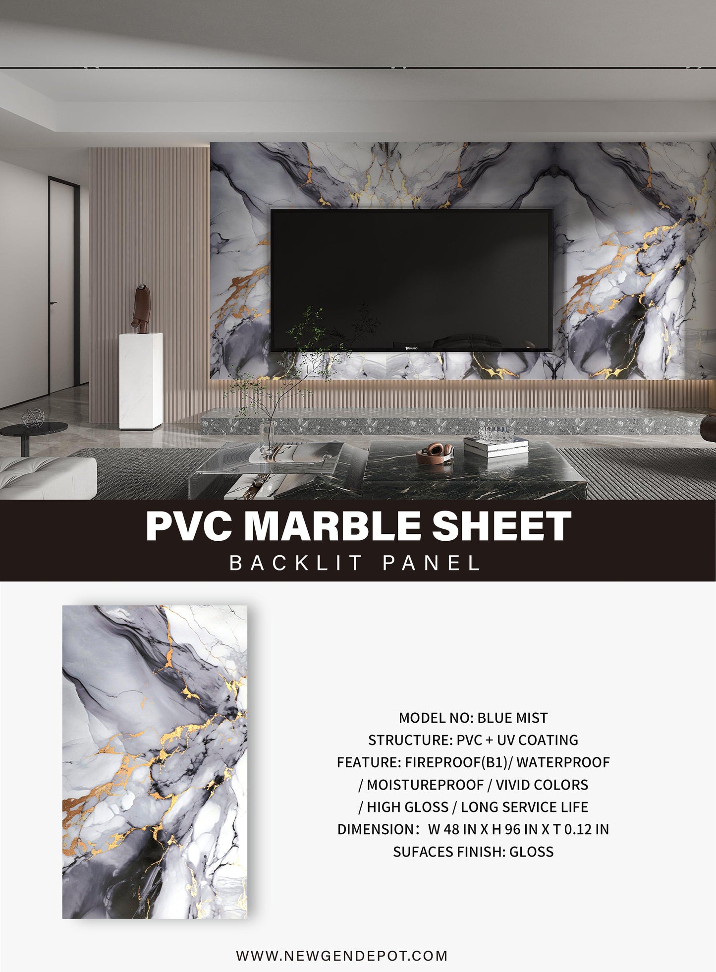 PVC 3D Marble Sheet Blue Mist Specifications. NewGen Depot