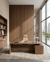 Walnut wood veneer feature wall in a modern office with matching wood desk and shelving