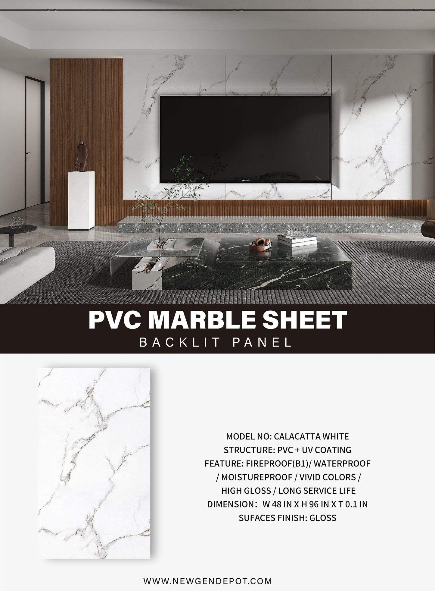 PVC 3D Marble Sheet Calacatta White Specifications. NewGen Depot