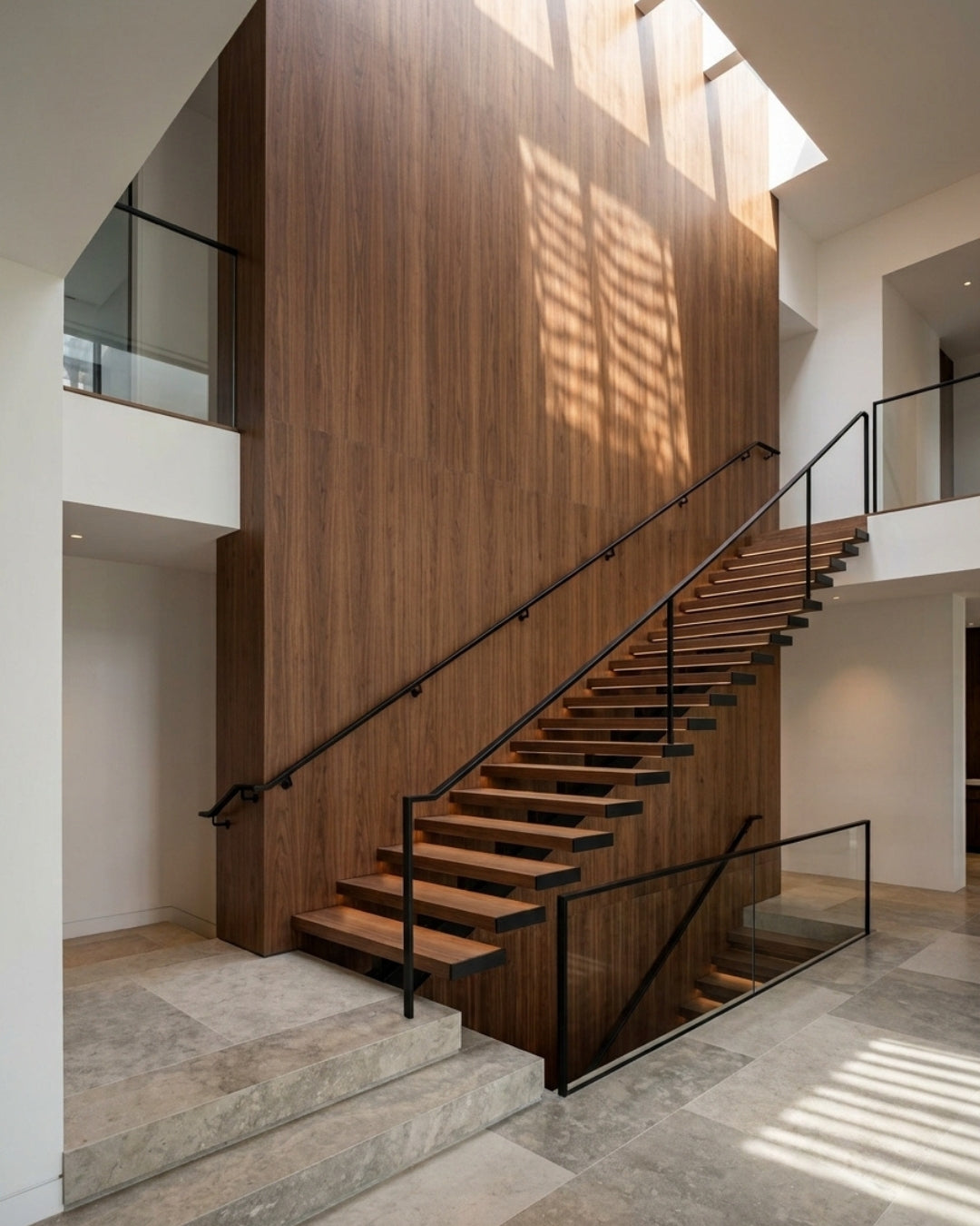 Tall walnut wood veneer wall surrounding an open staircase in a modern interior