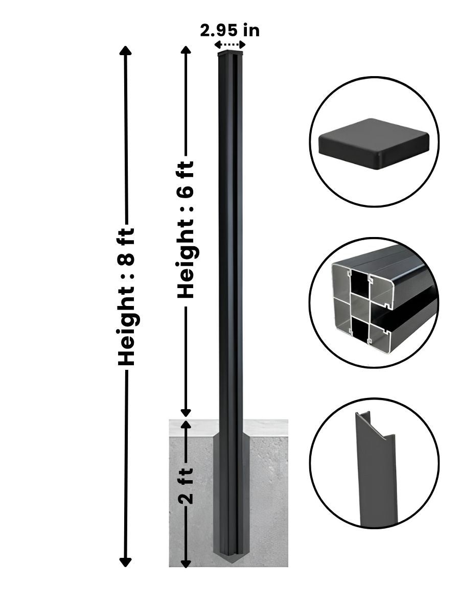 8 ft in-ground fence post diagram showing 6 ft above ground, 2 ft below ground, and 2.95 in width