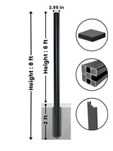 8 ft in-ground fence post diagram showing 6 ft above ground, 2 ft below ground, and 2.95 in width