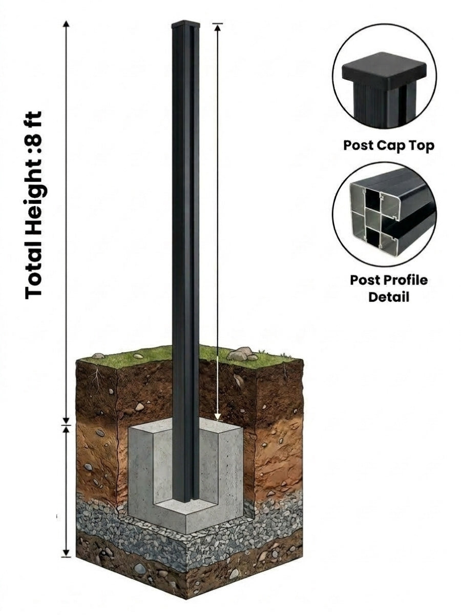 Black 8 ft inground gate post set in a concrete footing, with post cap and profile details