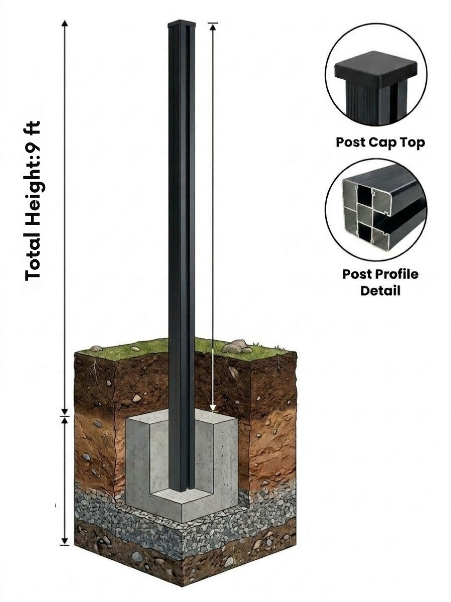 Black 9ft inground gate post set in a concrete footing with cap and profile detail insets