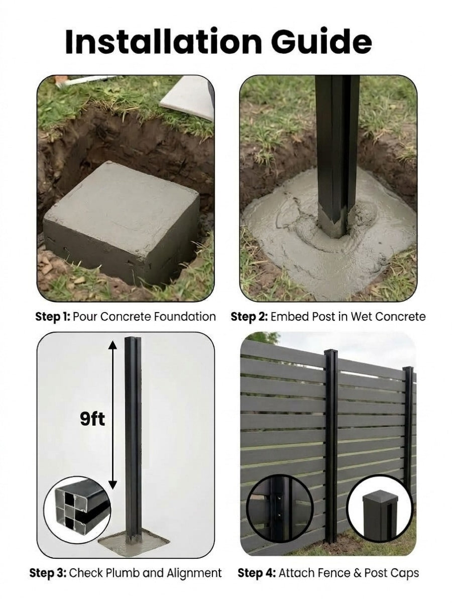 Four-step installation guide for setting a 9ft inground gate post in concrete and attaching fence panels